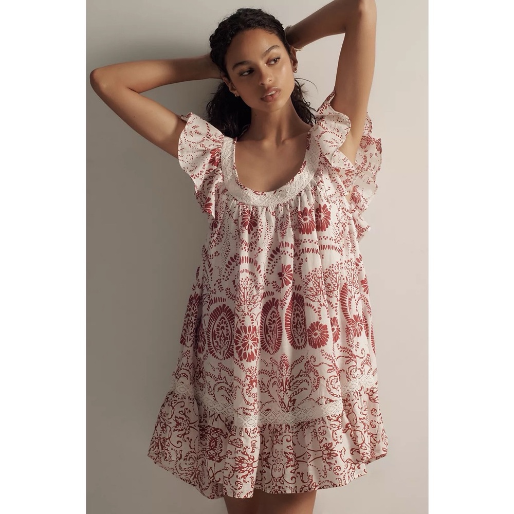 Anthropologie Maeve Flutter-Sleeve Babydoll Mini Dress in Raspberry Floral